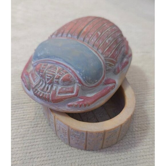 Handcrafted Egyptian-Style Scarab Trinket Box Hieroglyphic  Blue-Red Finish - Picture 1 of 12